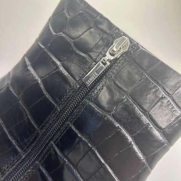 Schutz Black Croc-Embossed Leather Ankle Boots With Square Toe & Side Zipper 8.5 - Picture 3 of 9